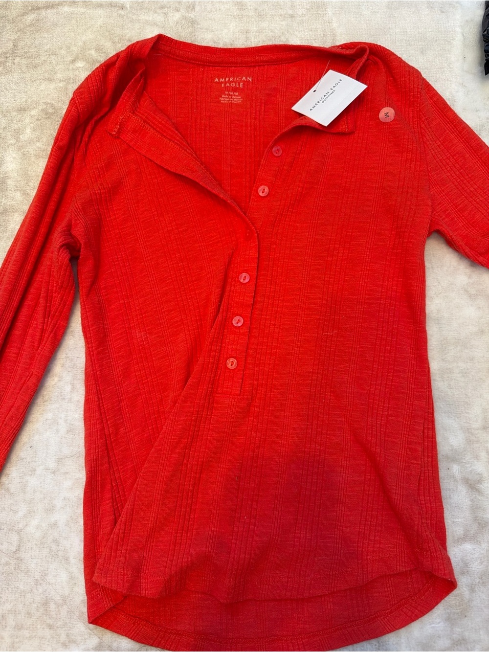 American Eagle Outfitters Bright Red Long-Sleeve Henley Polo